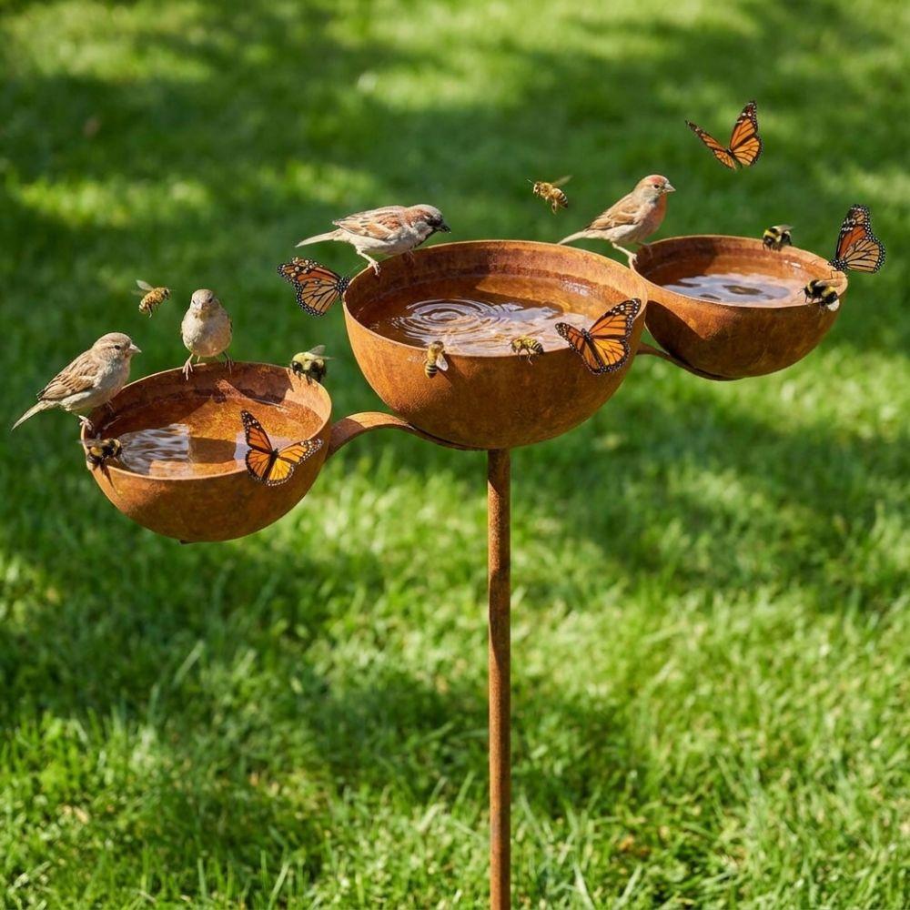 Rusted 3-Tiered Bird Bath Metal Bird Feeding Station Multi-Purpose Bird Water Bowls  Yard
