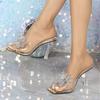 Модные прозрачные ПВХ шлепанцы Liyke для женщин, хрустальные стразы, бантик, высокие каблуки, прозрачные сандалии, модный квадратный носок, обувь для вечеринок и выпускного вечера