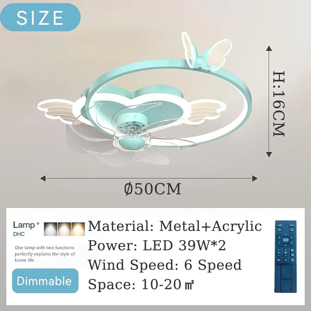 Современный минималистский потолочный вентилятор для детской комнаты, светодиодный светильник с регулируемой яркостью, бесшумный вентилятор, пульт дистанционного управления, украшение для спальни, потолочный светильник с любовью