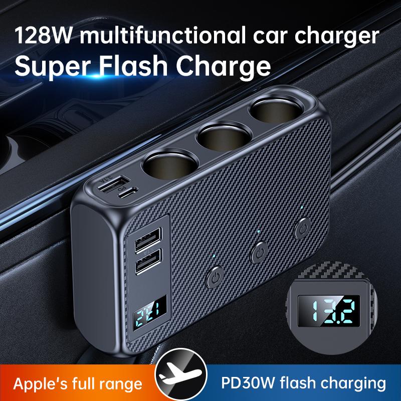 7 In 1 Car Charger 128W Multiple USB Charging Ports Socket Adapter QC-3.0 PD-30W Phone Charger with Switch for Car