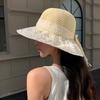 Vacation Style Lace Bow Grass Hat Summer Hollow Breathable Sun Protection Hat Beach Sun Protection Fisherman Hat