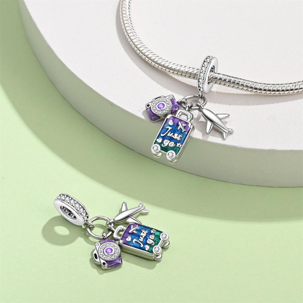 S925 Silver Travel Theme Airplane Luggage Camera Charm Bead DIY Jewelry Bracelet Accessory Set