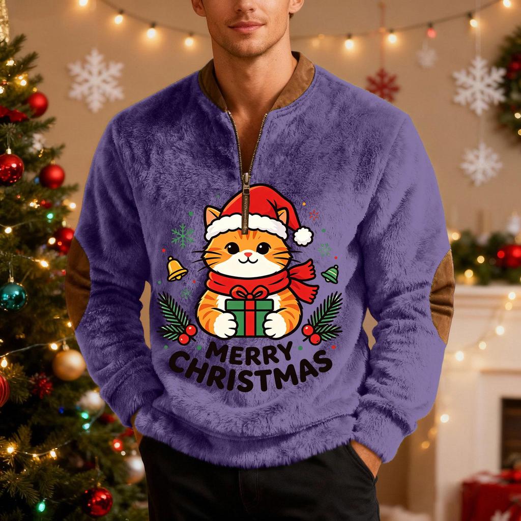 Men's Casual Christmas Print Zip-Up Sweatshirt for Holiday Parties and Everyday Wear