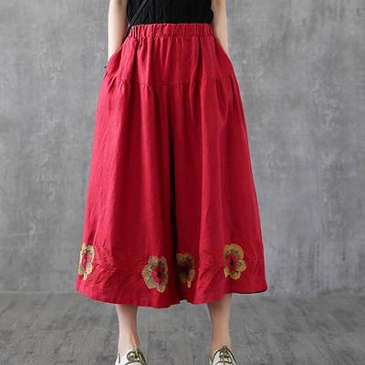 Летние винтажные широкие брюки с вышивкой в ​​семь точек, хлопковые и льняные повседневные брюки с эластичной резинкой на талии и карманами в стиле пэчворк.