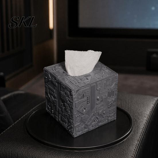 Purple Tissue Box Sci-fi Theme Box, with Smooth Paper Extraction, Large Capacity Cubic Design Matte Gray Holder Organizer, Hard Shell Durable Desktop