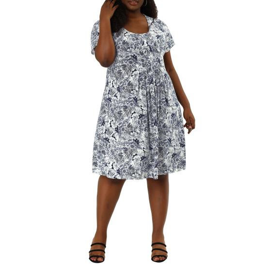 Женское платье с круглым вырезом, короткими рукавами, плиссированной деталью, короткое, с цветочным принтом, летящим подолом, свободного кроя, большого размера