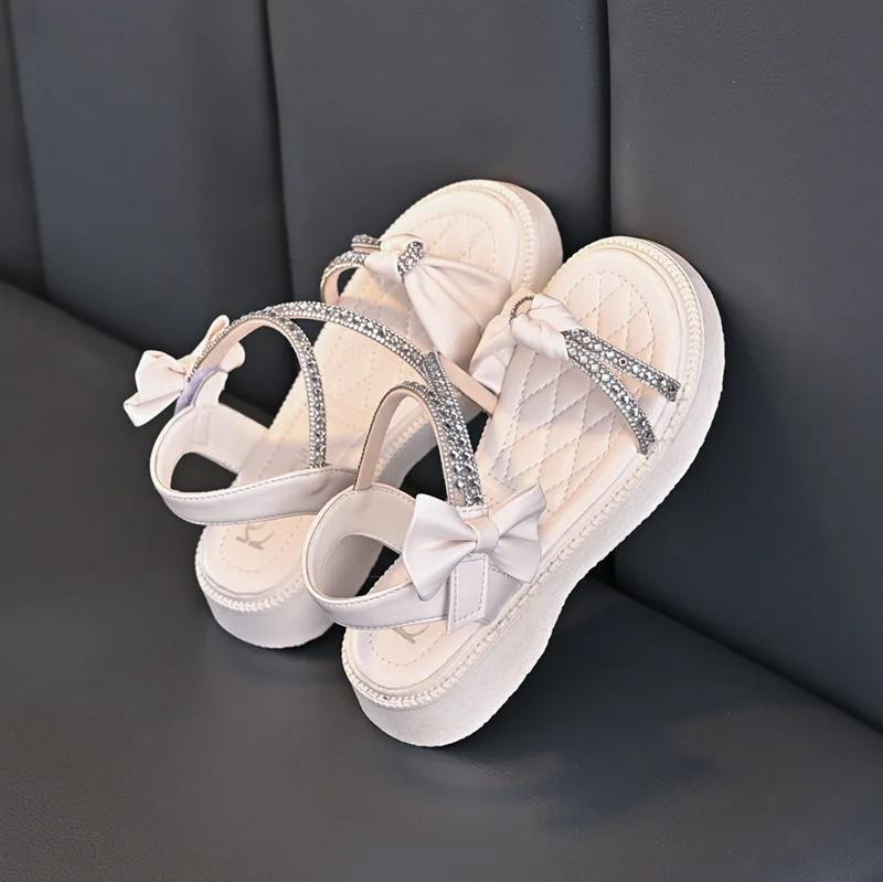 Girl Sandals Chic Summer Children Princess Rhinestone Trap Sandals Fashion Bowtie Sweet Kids Causal Beach Flat Sandals Open-toe