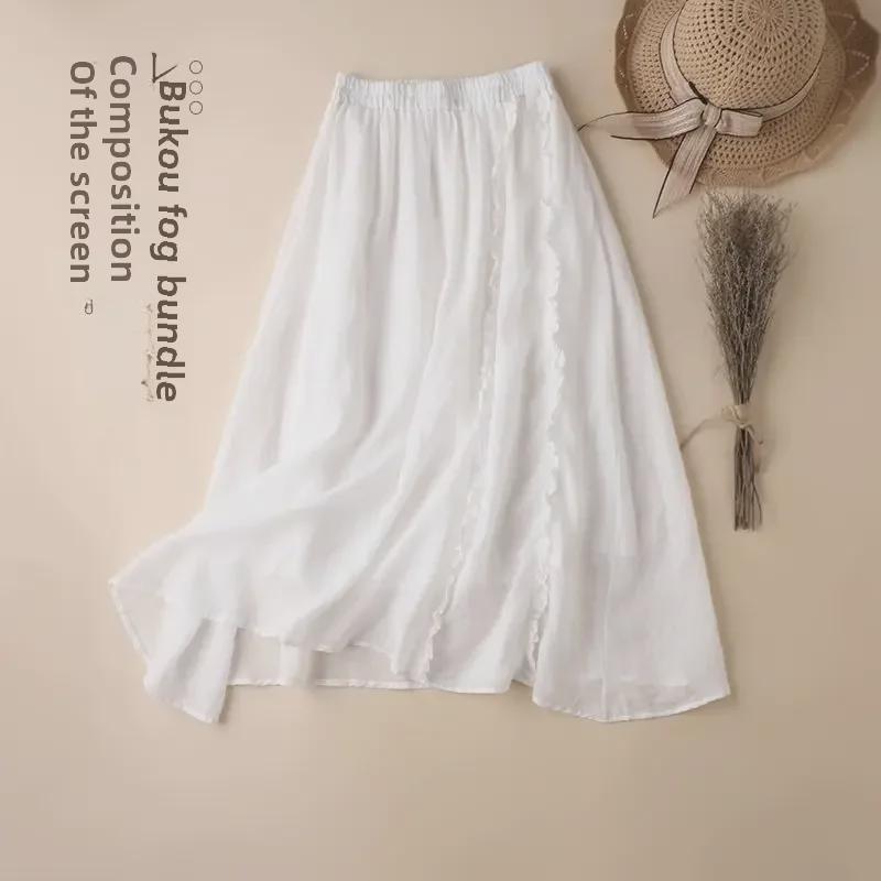 Trendy Cotton-Linen High-Waisted A-Line Skirt: Mid-Length with Ruffled Edges for a Slimming, Drapey Fit.