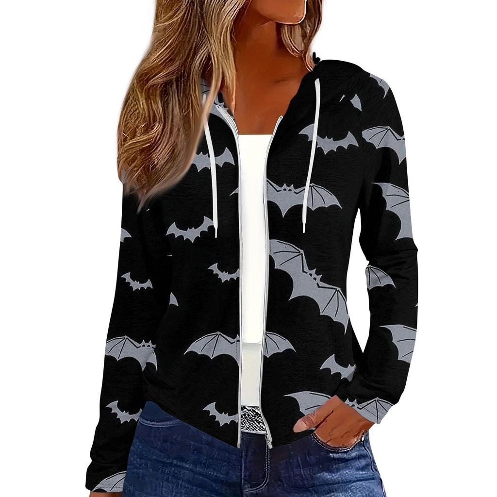 Women's Fashion Casual Zip Up Hooded Halloween Print Long Sleeve Sweatshirts Coat