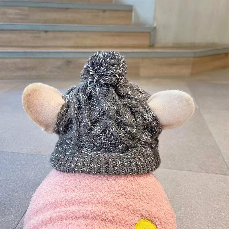 Головной убор для питомца: Теплая вязаная шерстяная шапка с помпоном для осени/зимы - Ветрозащитная и холодостойкая для маленьких/средних французских бульдогов