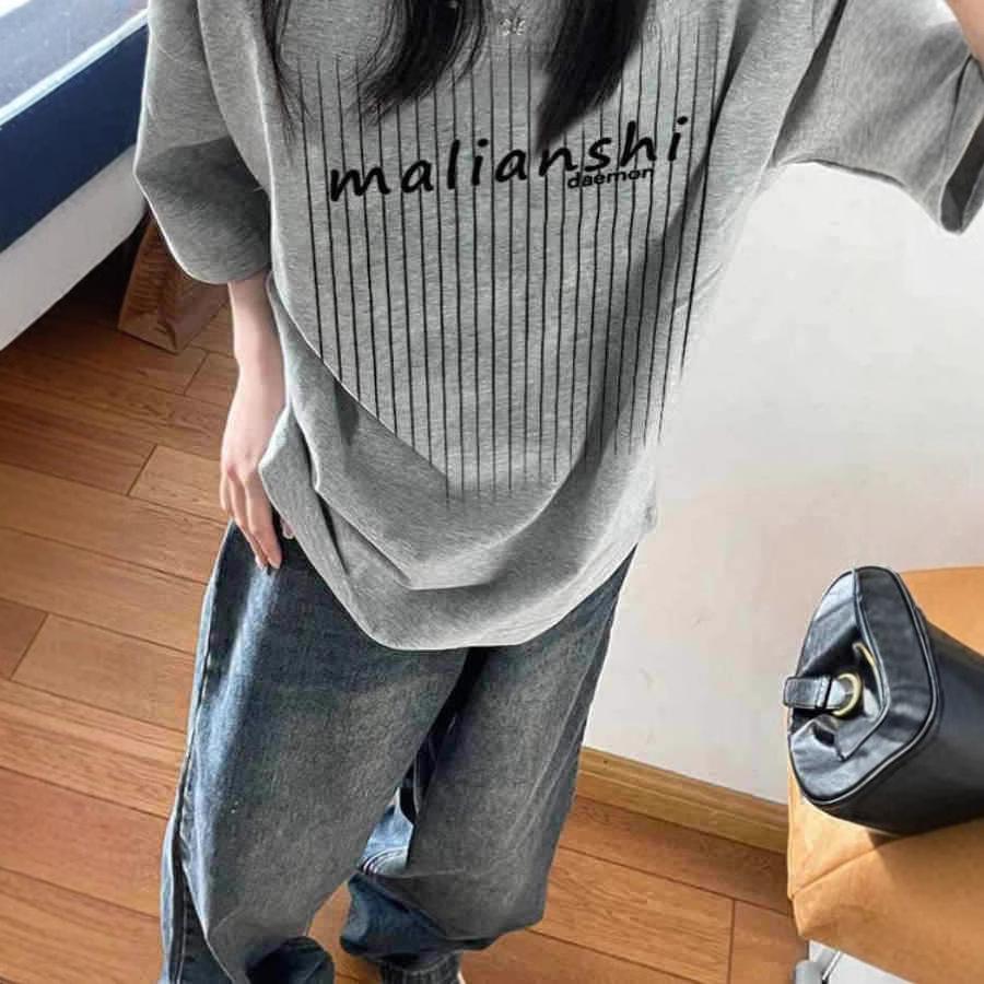 Женская футболка большого размера из чистого хлопка серого цвета с коротким рукавом - летний модный европейский и американский дизайн