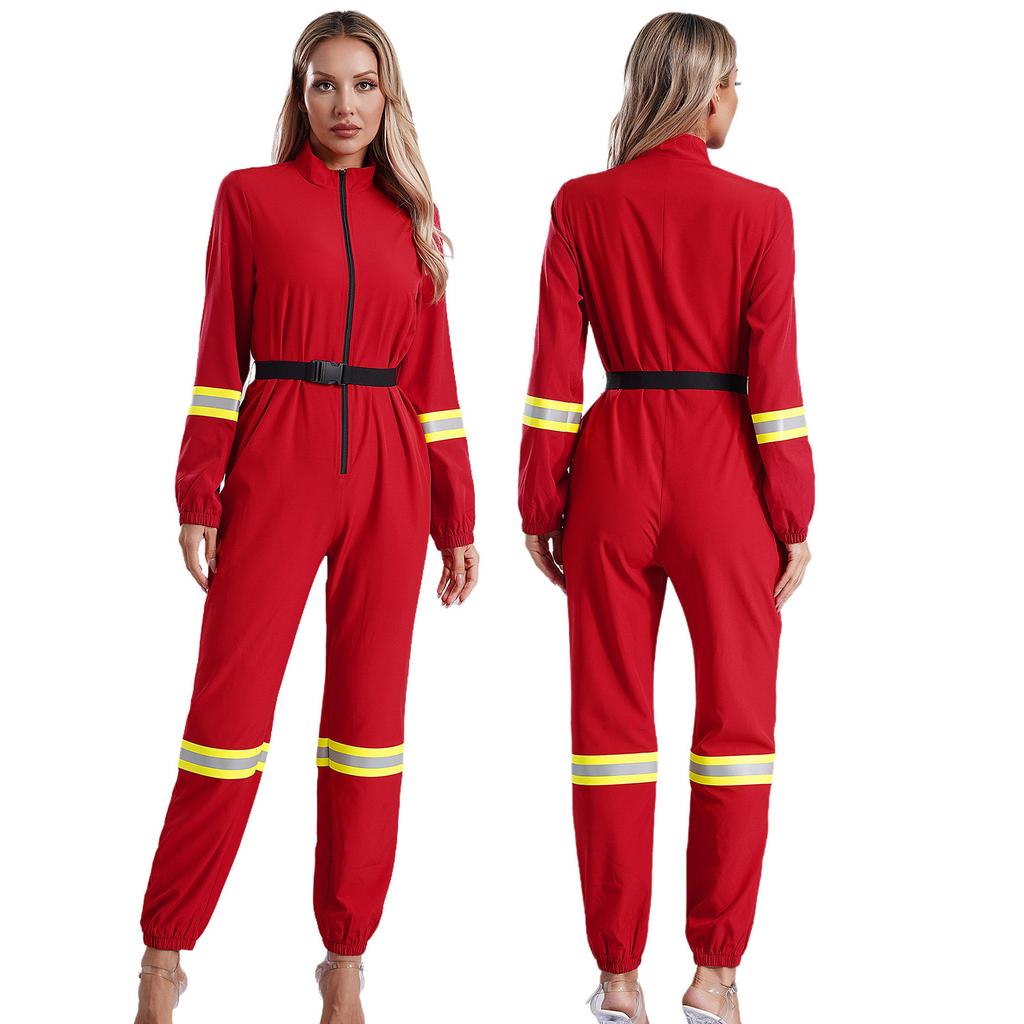Complete Firefighter Outfit for Women S-3XL: Long Sleeve Belted Romper with Stand Collar, Halloween & Club Party Costume