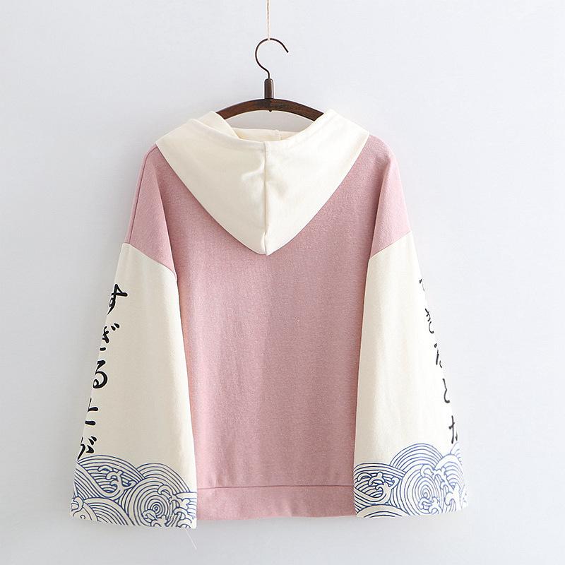 Anime Print Women Hoodies Students One Size Sweatwear Loose Color Matching Raglan Sleeves Printed Hooded Pullover Japanese Top