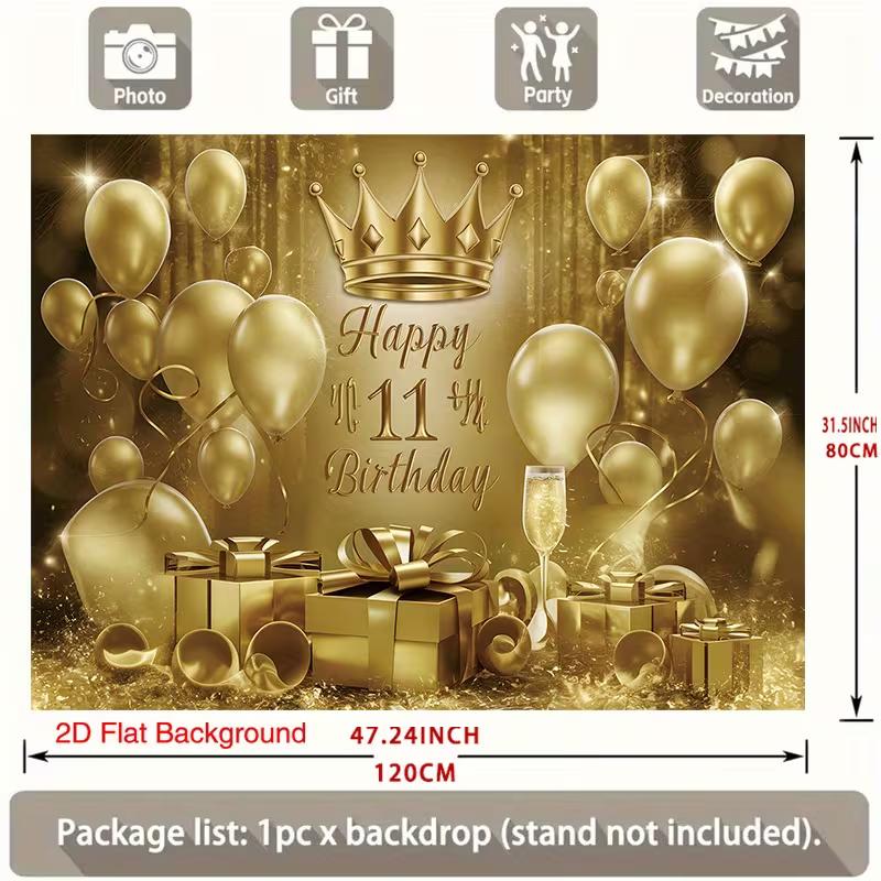 2D 11th Birthday Photography Backdrop Golden Crown & Balloon Photo Booth Banner