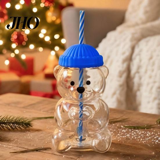 Glass Tumbler with Lid Bear Shape Sippy Cup Straw 500ml Heat-Resistant Smoothie Reusable Cold for Iced Coffee Milk Tea Juice