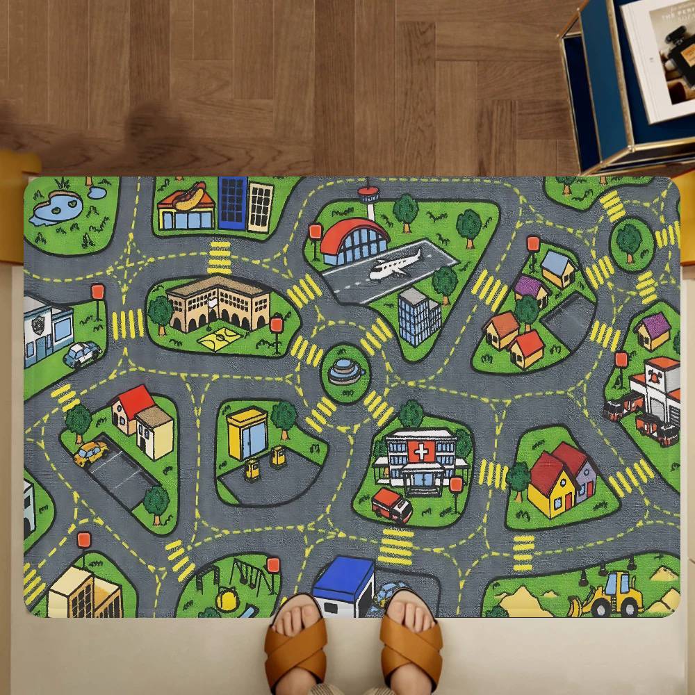 Child Urban City Road Traffic Learning Interactive Game Kitchen Mat Kids Room Bedroom Decoration Balcony Anti-Slip Doormat