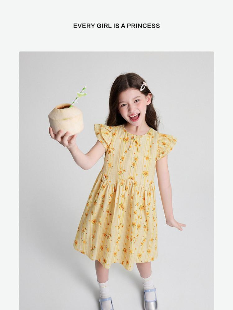 Girls' Fresh and Fashionable Printed Small Fly Sleeves Pure Cotton Dress