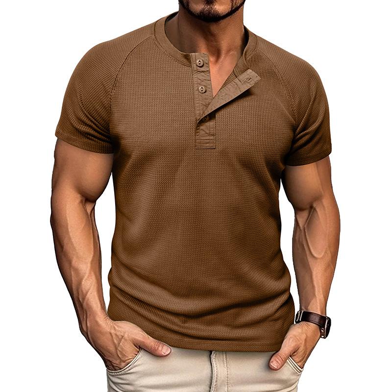 Летняя мужская рубашка Хенли, модная мужская футболка с коротким рукавом, тренд, универсальные повседневные топы с коротким рукавом