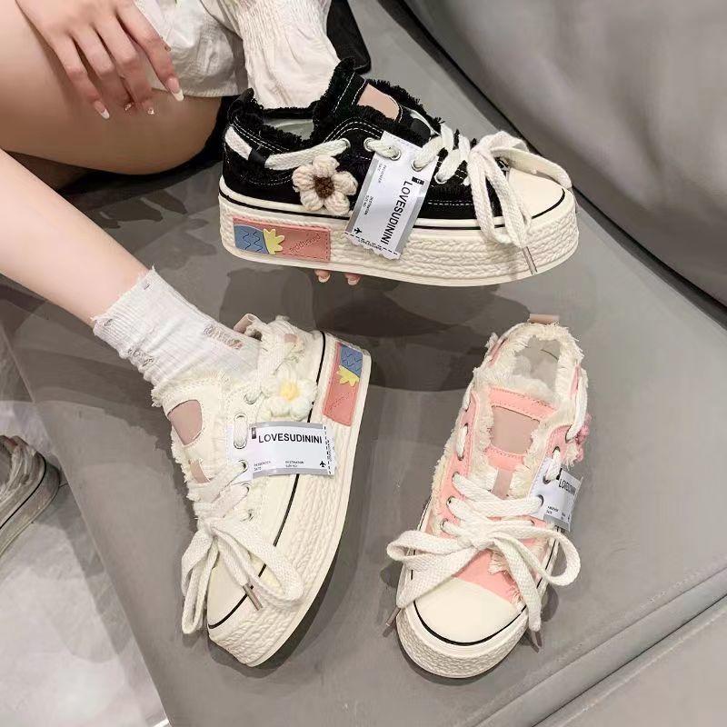 Классные парусиновые туфли на платформе, женские толстые кроссовки, красные туфли, уличный стиль, женские дизайнерские кроссовки с цветочным принтом, потертые туфли