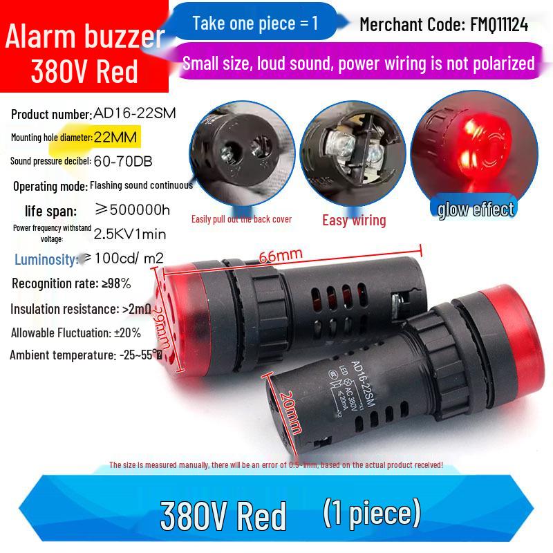 Buzzer with Intermittent Sound and LED Flashing Alarm AD16-22SM, Compatible with AC/DC 12V-220V