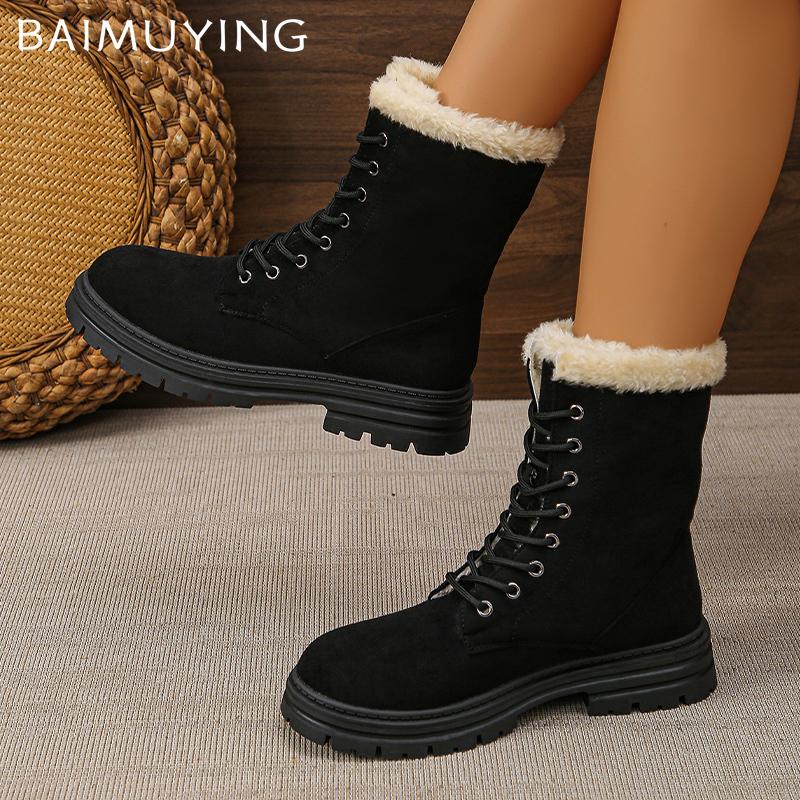 Ботильоны женские меховые зимние замшевые короткие плюшевые хлопковые туфли на среднем каблуке со шнуровкой 2025 года, теплые нескользящие зимние ботинки женские