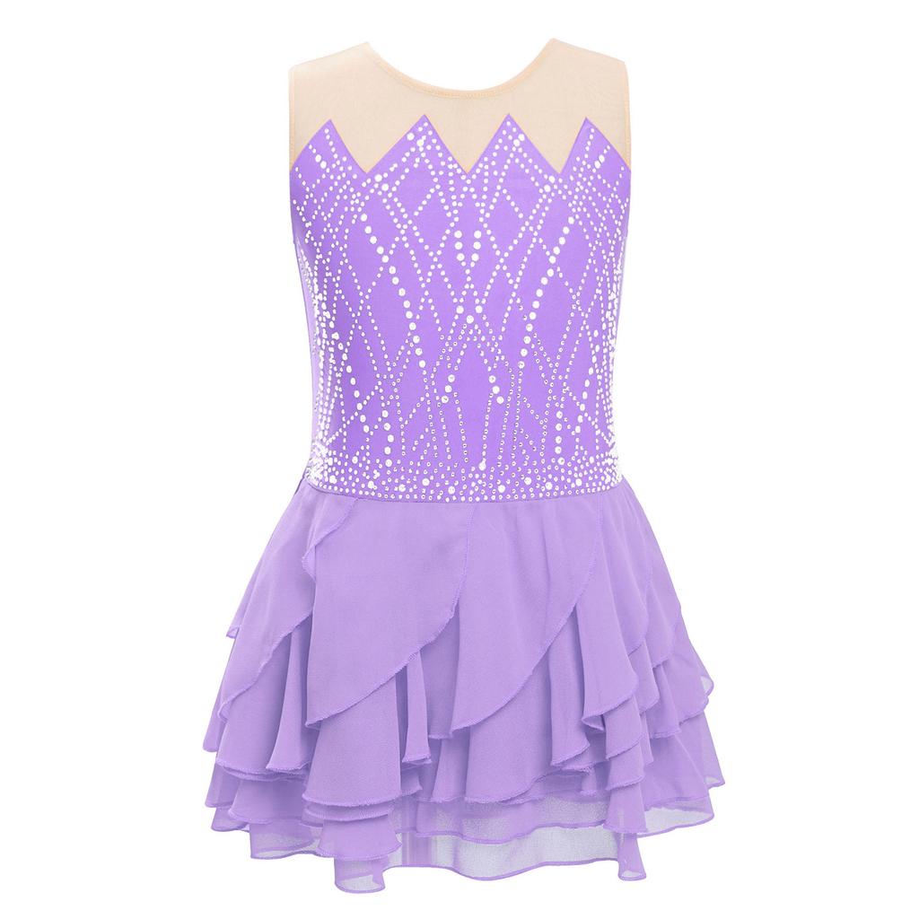 Платье для фигурного катания для девочек, круглый вырез, без рукавов, блестящие стразы, многоярусная юбка с оборками, танцевальный костюм для соревнований