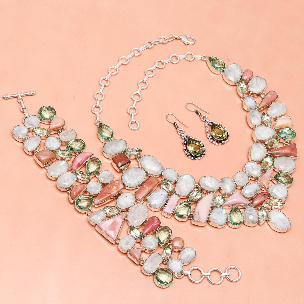 Комплект украшений из радужного лунного камня и розового опала 16-18 дюймов
