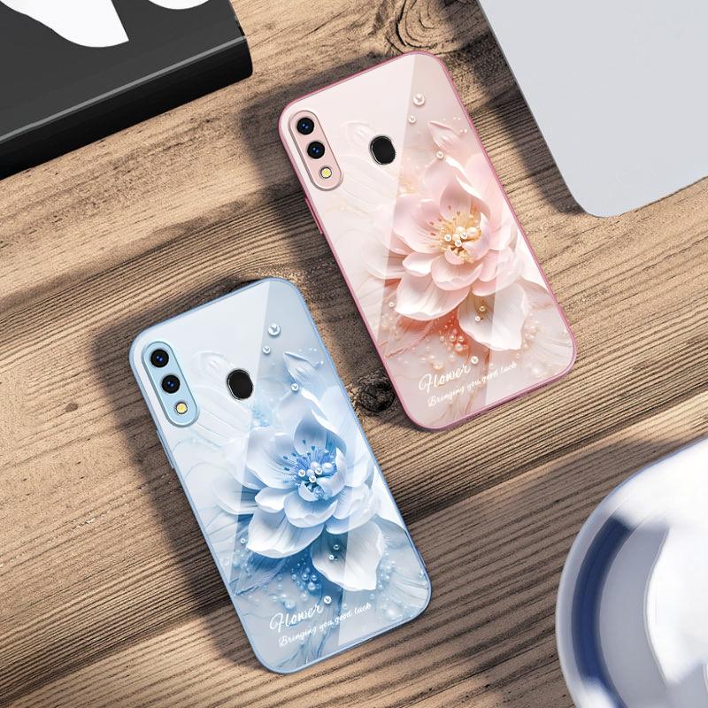 Цветущие синие цветы Для Samsung A73 72 71 A70 56 55 54 A53 52 51 50 42 A35 A34 33 32 31 26 25 24 23 22 30 стеклянный чехол для телефона
