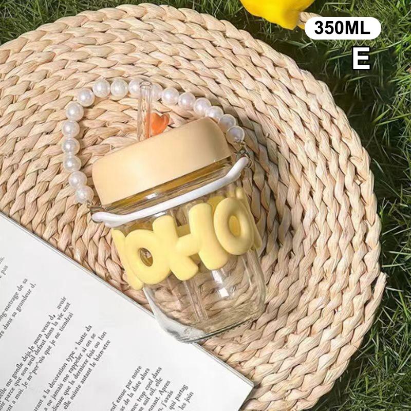 1 шт. Стакан для питья Прозрачное стекло Высокая ценность Антиожоговый Милый стакан с соломинкой Жемчужный браслет Буква Стакан для воды Посуда для улицы
