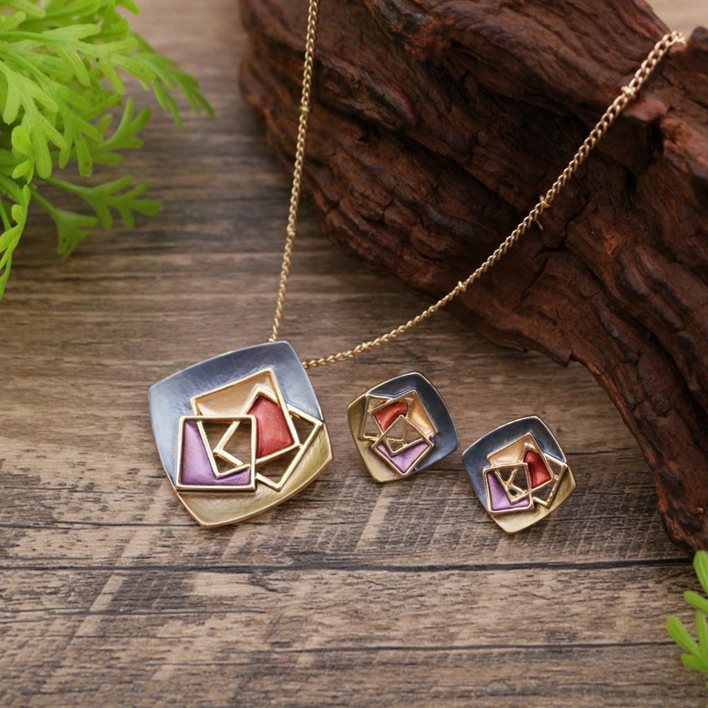 Новый эмалевый цвет, полый квадрат, геометрический набор серег-пусет, подвеска, персонализированное женское универсальное ожерелье