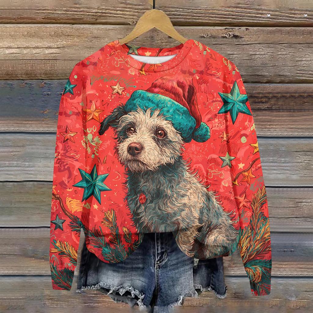 Женская толстовка с рождественским принтом, с длинным рукавом и круглым вырезом, свободный топ