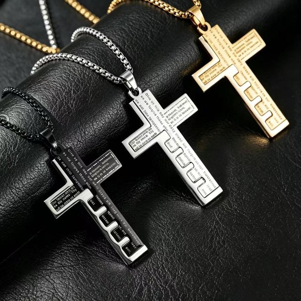 Stainless Steel Bible Cross Pendant Necklace for Men Street Fashion Waterproof Jewelry Accessories Gift