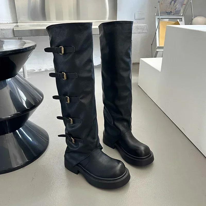 Роскошные сапоги на платформе до колена, кожаные женские туфли в стиле панк, модные туфли на толстом каблуке с пряжкой 2025 года, тренд зимы и снега, Botas Mujer Zapatos