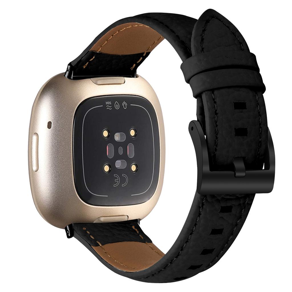 Litchi Textured Genuine Cow Leather Strap with Electroplated Buckle for Fitbit Versa 3/Sense Pointed-End Watch Band