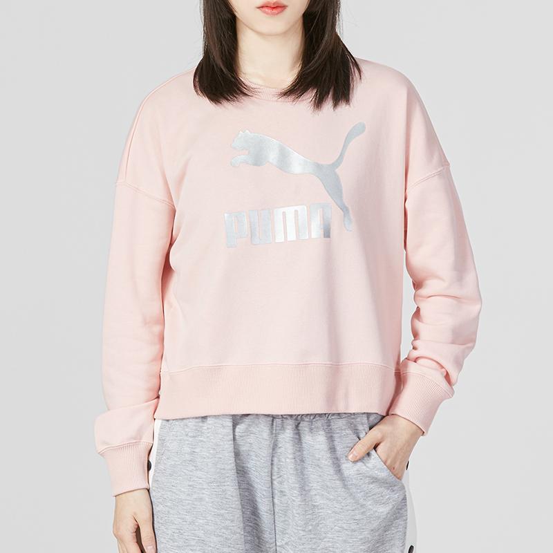 Puma Classics Metallic Logo Crew Sweatshirt Women Tops Pink 535276-66