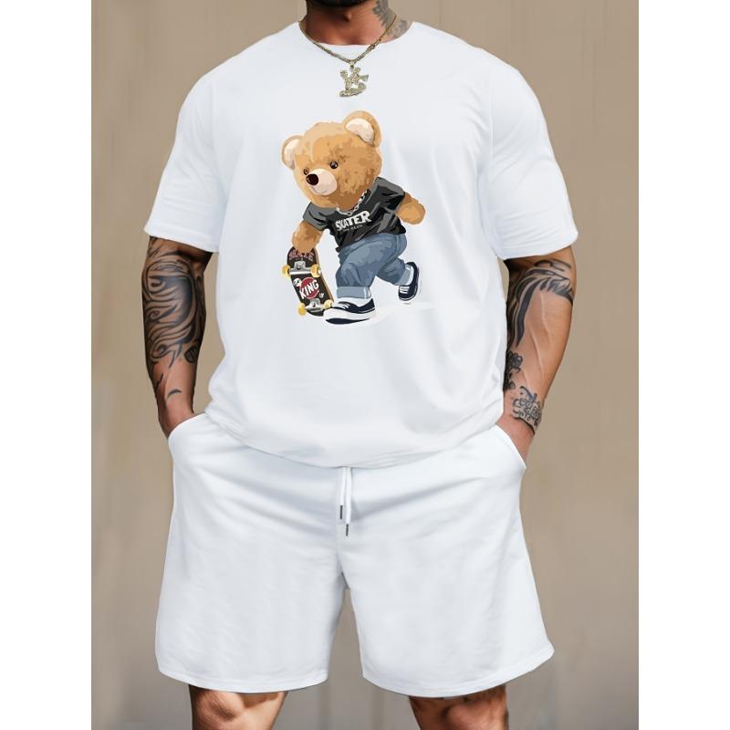 3D Cartoon Teddy Bear Print Men's T-shirt Shorts Set, Summer Casual Everyday Men's Short-sleeved Outdoor Street Men's Shorts