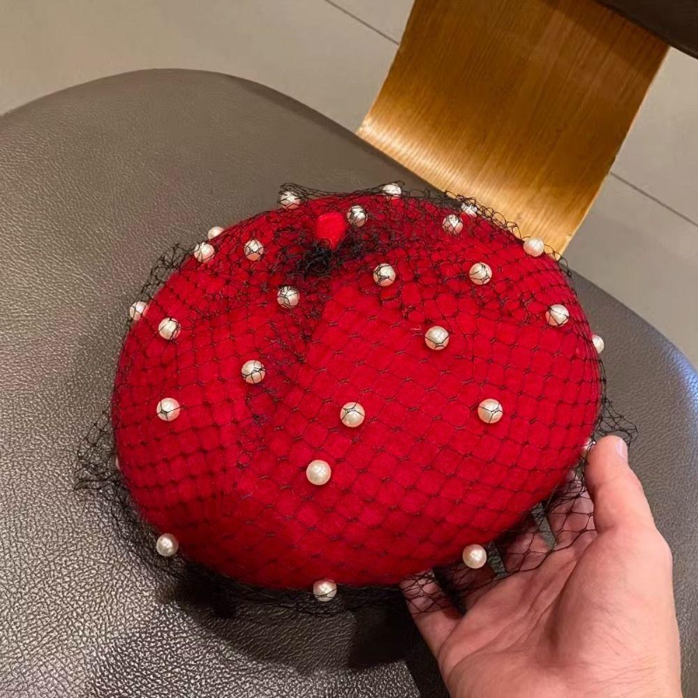 Берет из жемчужной шерсти для женщин с сетчатой вуалью Шапки-бини Тыквенная шляпа Шляпа художника Девушки