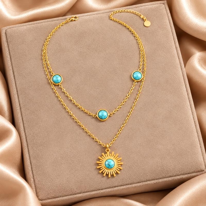 Gold-Tone Double-Strand Necklace Design with Stainless Steel and Titanium Steel Construction, Sunflower Pendant, and Adjustable Collarbone Chain
