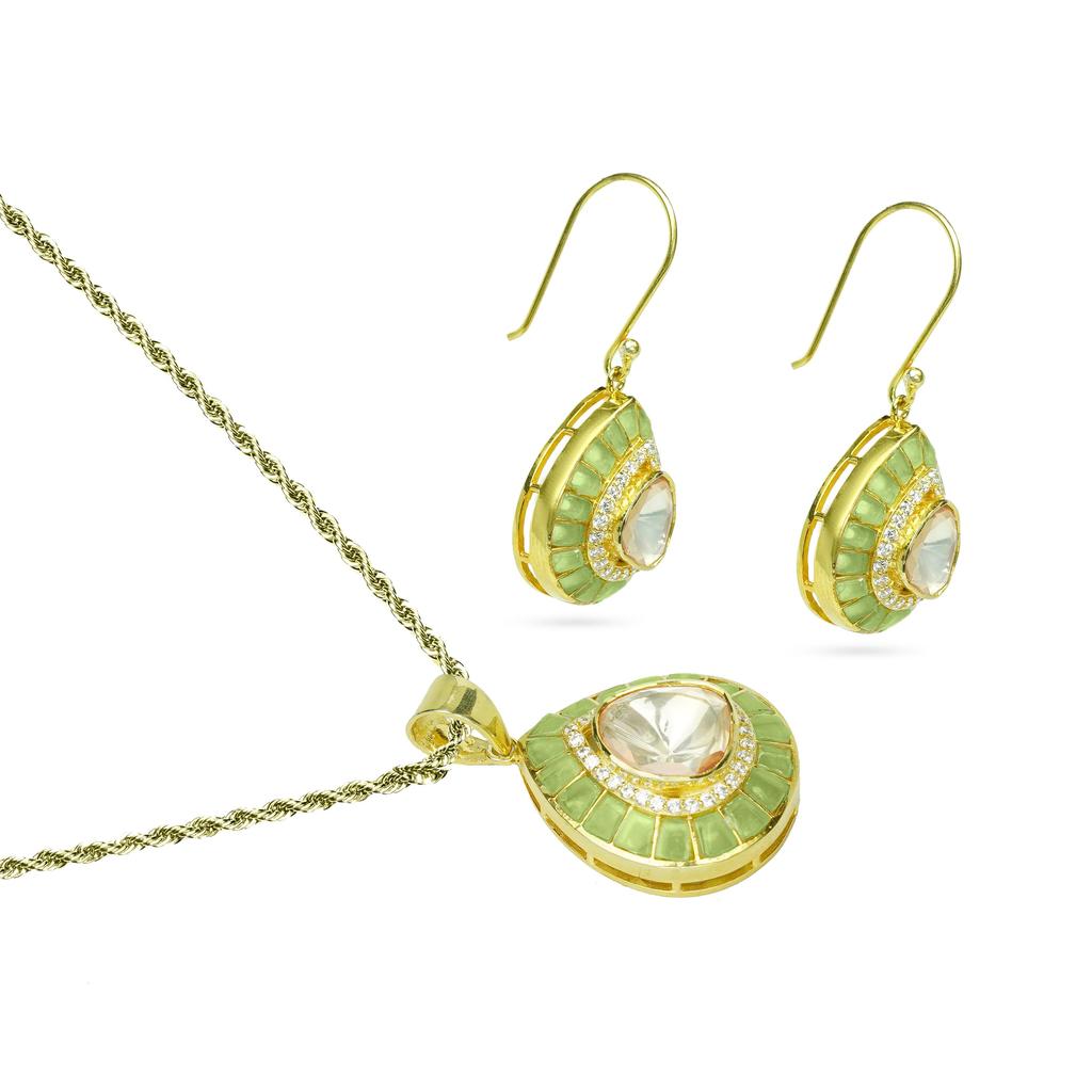 Moissanite Zircon Kundan Pendant Earring Set Gold Plated 925 Sterling Silver Women Jewelry