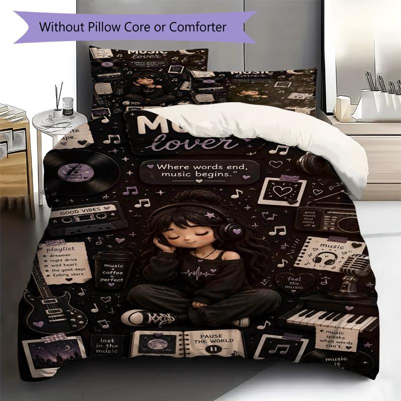 Music Lover Girl Vinyl Record Print 3 Pieces Duvet Cover Set Music Theme Bedding Set Bedroom Home Decor Without Pillow Core Comforter