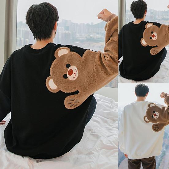 Мужская толстовка с напуском и вышивкой медведя, свободная флокированная студенческая толстовка