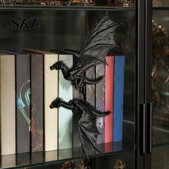 Medieval Book Organizer Double Dragon Bookends, Vintage Fantasy Flying Bookshelf Decor, Stable Clamps Sculpture Stopper for Shelves, Gifts Lovers