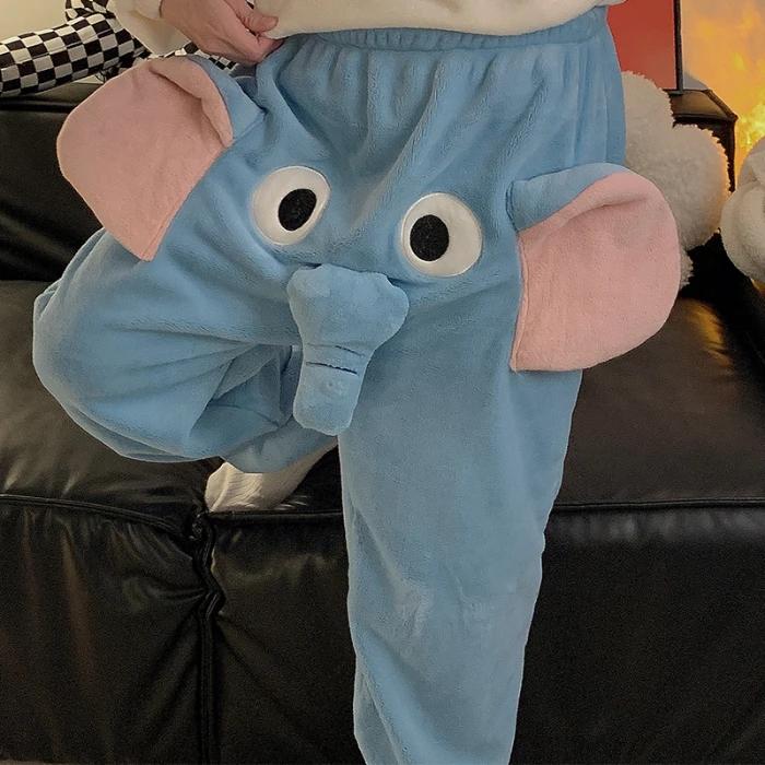 Пижама со слоном, фланелевая пижама, брюки с большим носом и ушами, милые брюки из кораллового бархата с изображением животных, домашняя одежда для осени и зимы