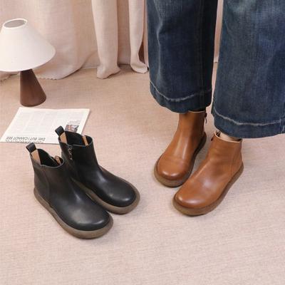 Женские короткие ботинки из натуральной кожи в стиле ретро с боковой молнией, с круглым носком, на плоской подошве, челси