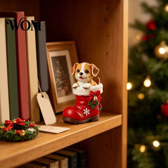 Cute Puppy Christmas Ornaments in Santa Boot Resin Figurine, Dog Holiday Tabletop Decor with Winter Festive Desk Accessories Bow Bell Holly,