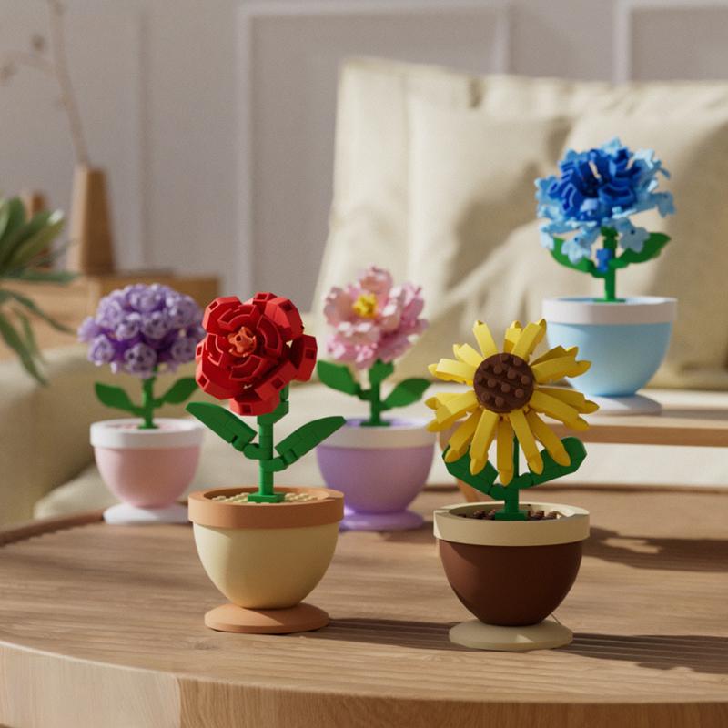Non-Toxic Educational Building Blocks Set - Flower Pots Roses Sunflowers Carnations Micro-Grained Assembly Toy Ornaments For Kids
