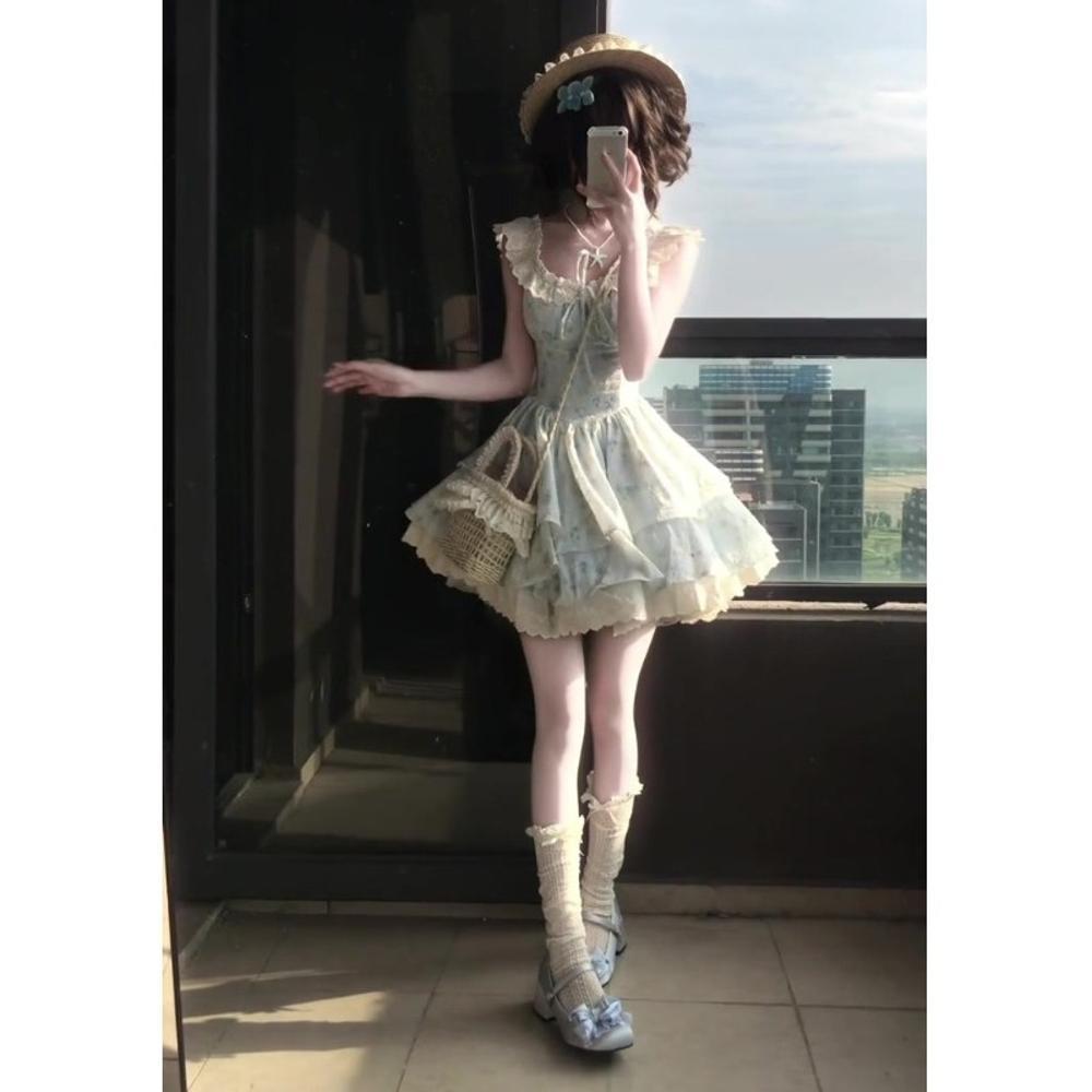 Милые маленькие рукава-крылышки, нежная цветочная талия, короткая юбка, повседневное универсальное А-силуэтное платье принцессы с пышной юбкой