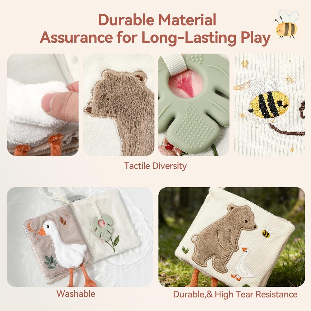 Baby Cloth Book With Bear  Goose Sensory Crinkle Activity Book With Mirror Teether And Hanging Ring Early Educational Toys