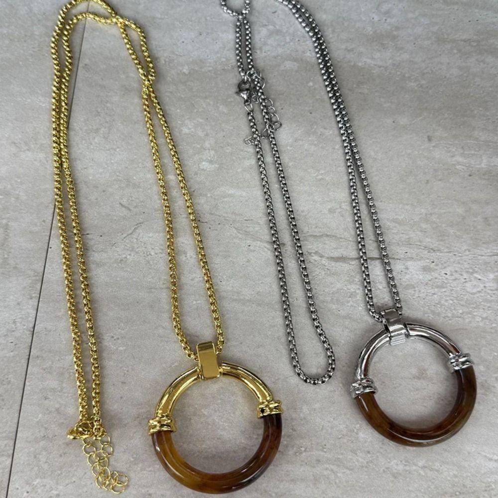 Circle Pendant Amber Splicing Necklace Stainless Steel Chain Sweater Chain  Birthday Gift
