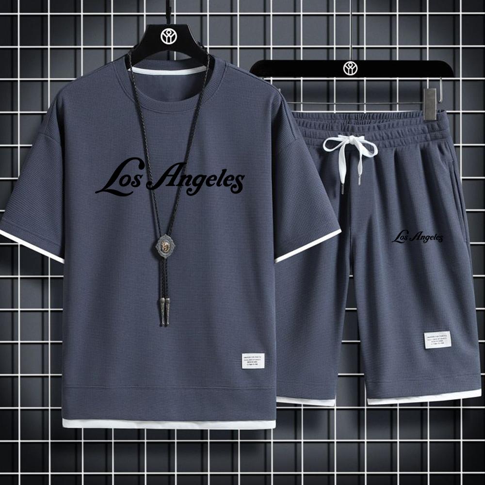 Футболка и спортивные шорты Los Angeles, спортивный комплект, мужской летний костюм, мужской летний костюм, простой и повседневный вафельный короткий рукав
